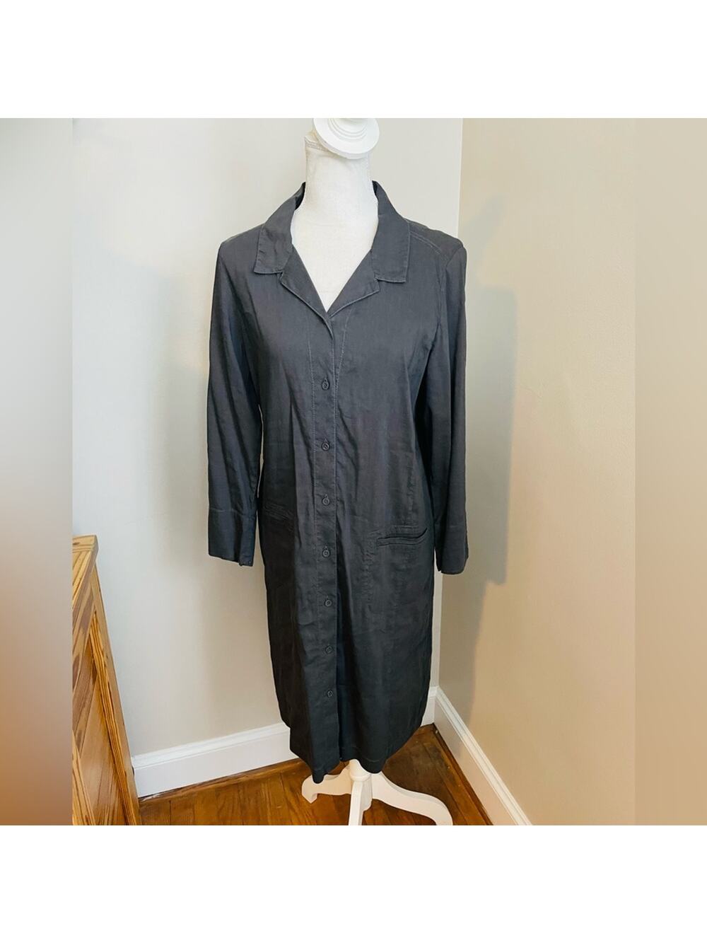 Eileen Fisher grey linen blend button-down collared shirt dress
